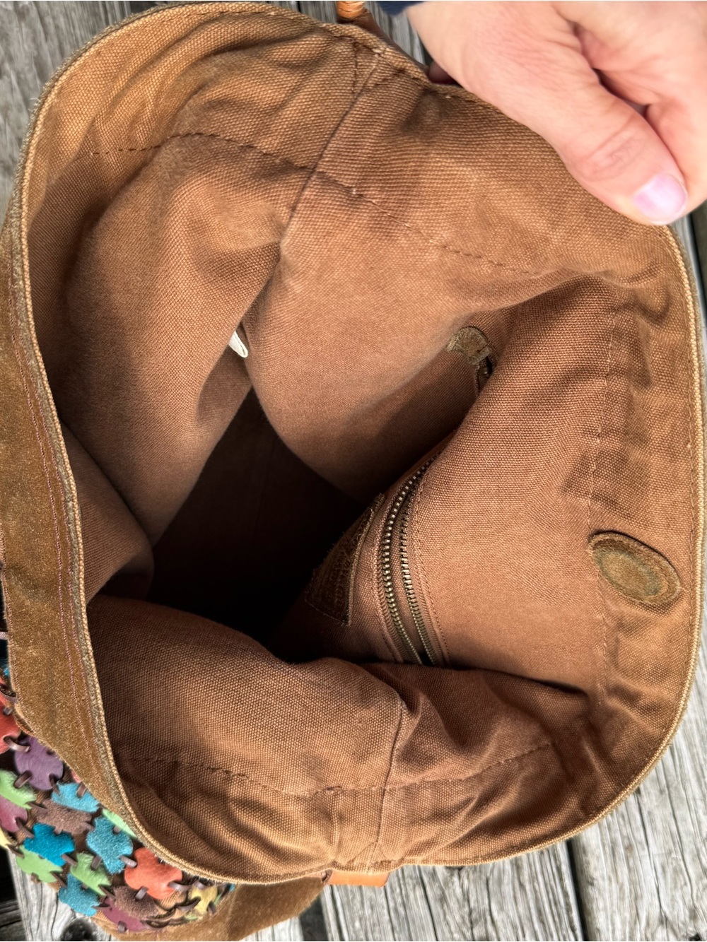 Vintage Lucky Brand Brown Suede Tote with Multicolor Flower Studs - Picture 4 of 15